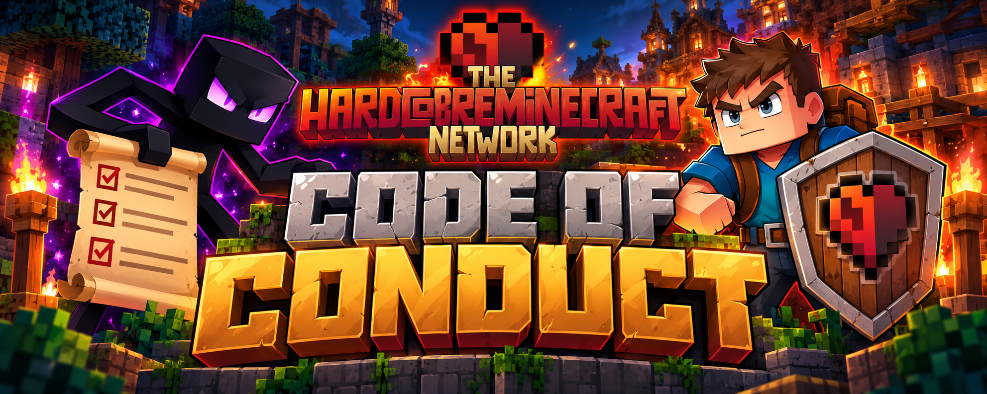 The Hardcore Minecraft Network Code of Conduct, with a checklist, Enderman, and shield-bearing player.