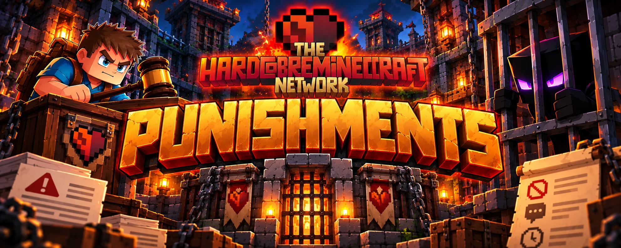 The Hardcore Minecraft Network Punishments, shown over a fortress with warning and restriction notices.