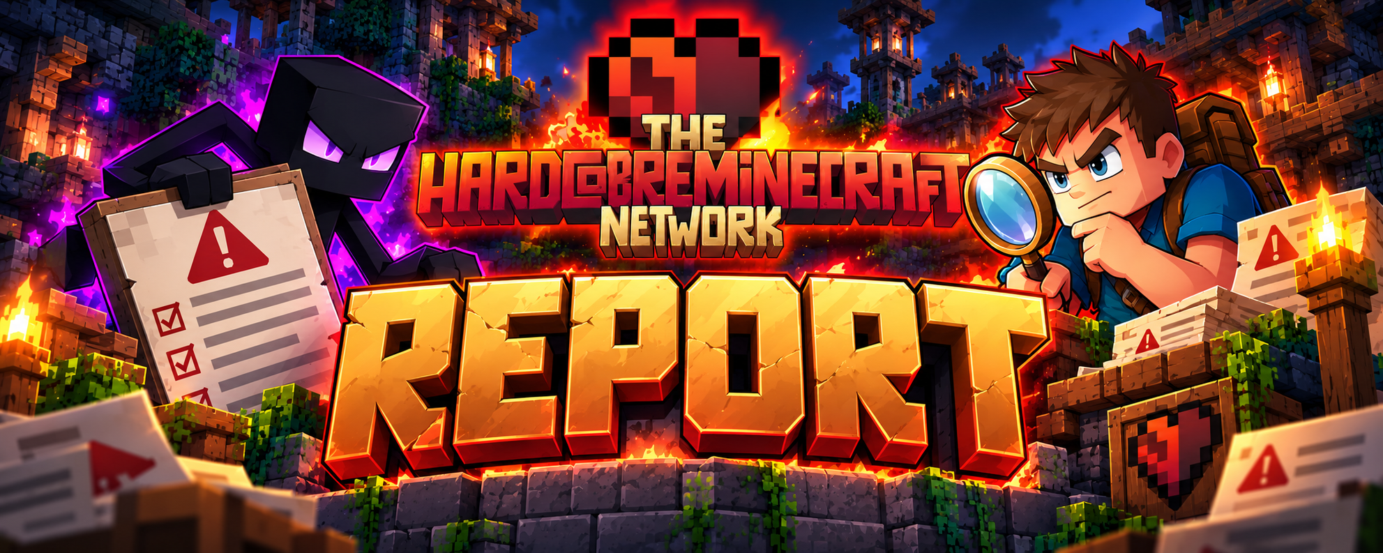 The Hardcore Minecraft Network Report, with warning notices and a player investigating an issue.