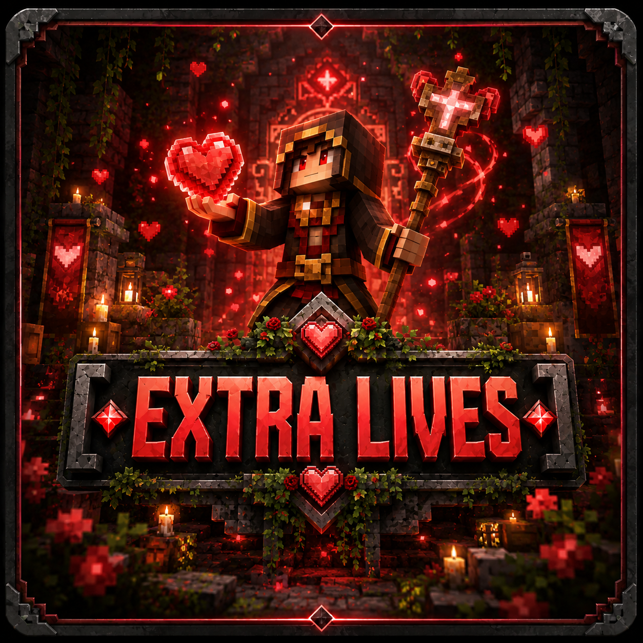 Three glowing red voxel hearts with a gold plus symbol