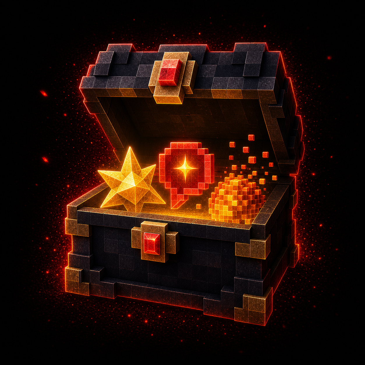 Open dark voxel presentation chest with cosmetic symbols