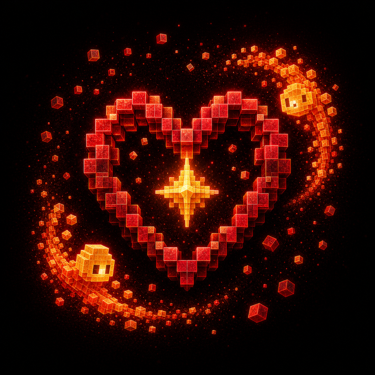 Red voxel heart orbit with glowing gold particle wisps