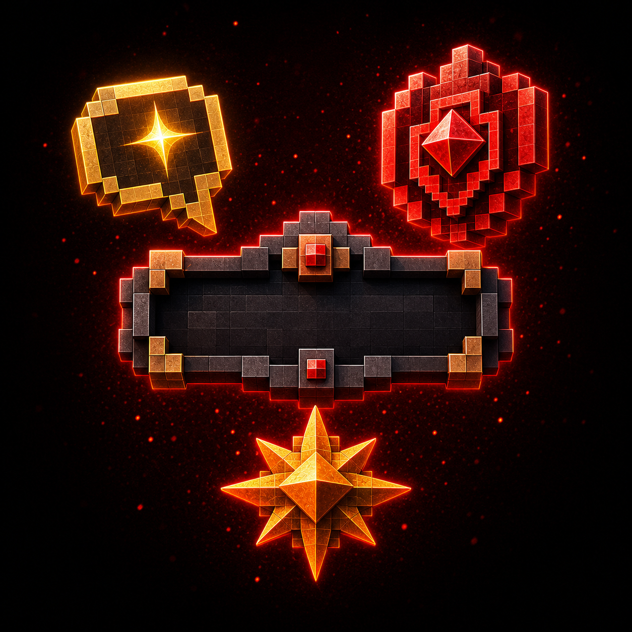 Voxel nameplate surrounded by gold and red identity symbols