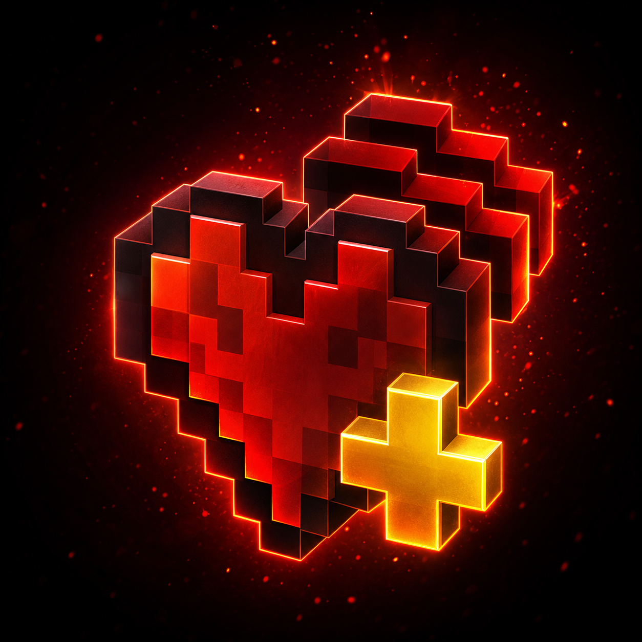 Three glowing red voxel hearts with a gold plus symbol