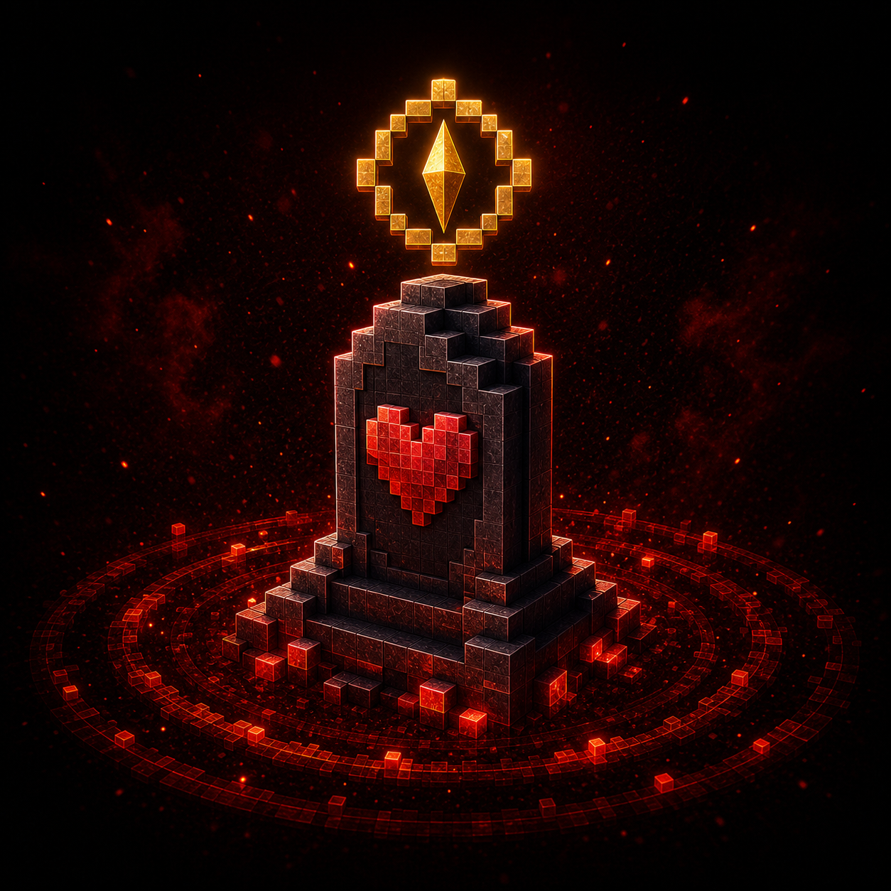 Dark voxel memorial with a red heart and gold compass marker